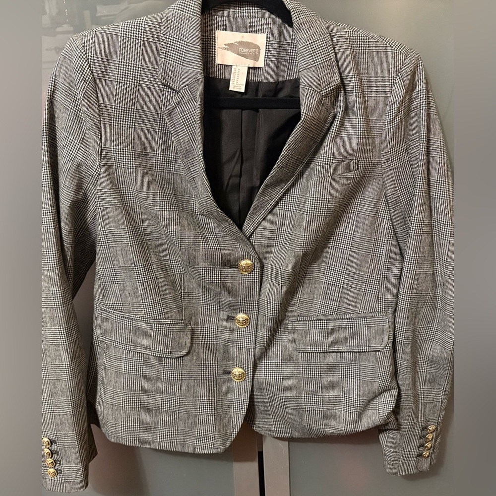 Forever 21 Grey Plaid Women's Blazer with Gold Buttons Size Medium (M)